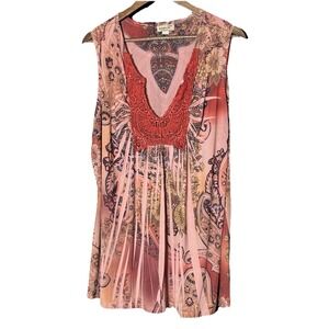 One World Top 3X Boho Red Embroidered Abstract Floral Blouse Tank Cottage Stretc